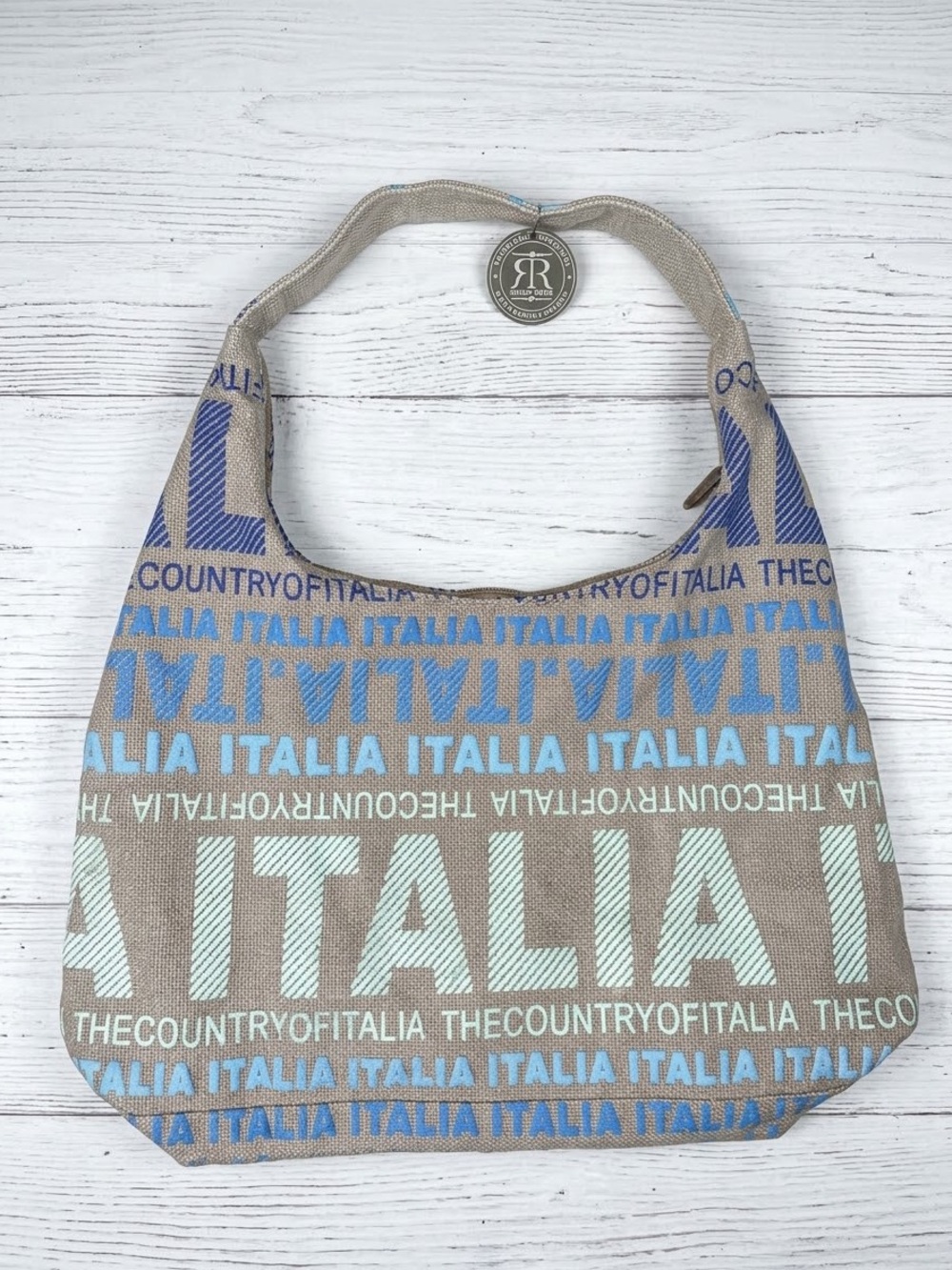 Robin Ruth Italia Hobo Shoulder Bag Canvas Italy Slouchy Typographic Tote Blue